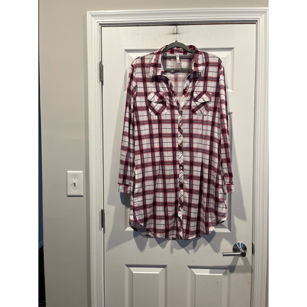White Mark Red Plaid Button Down Tunic Shirt Dress Womens XL Roll Tab Sleeve‎
